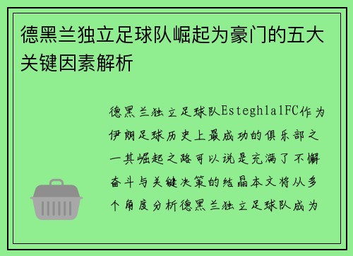 德黑兰独立足球队崛起为豪门的五大关键因素解析