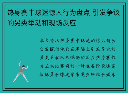 热身赛中球迷惊人行为盘点 引发争议的另类举动和现场反应
