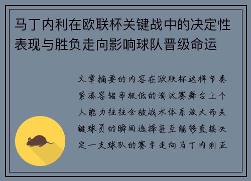 马丁内利在欧联杯关键战中的决定性表现与胜负走向影响球队晋级命运