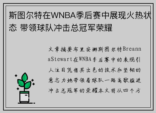 斯图尔特在WNBA季后赛中展现火热状态 带领球队冲击总冠军荣耀